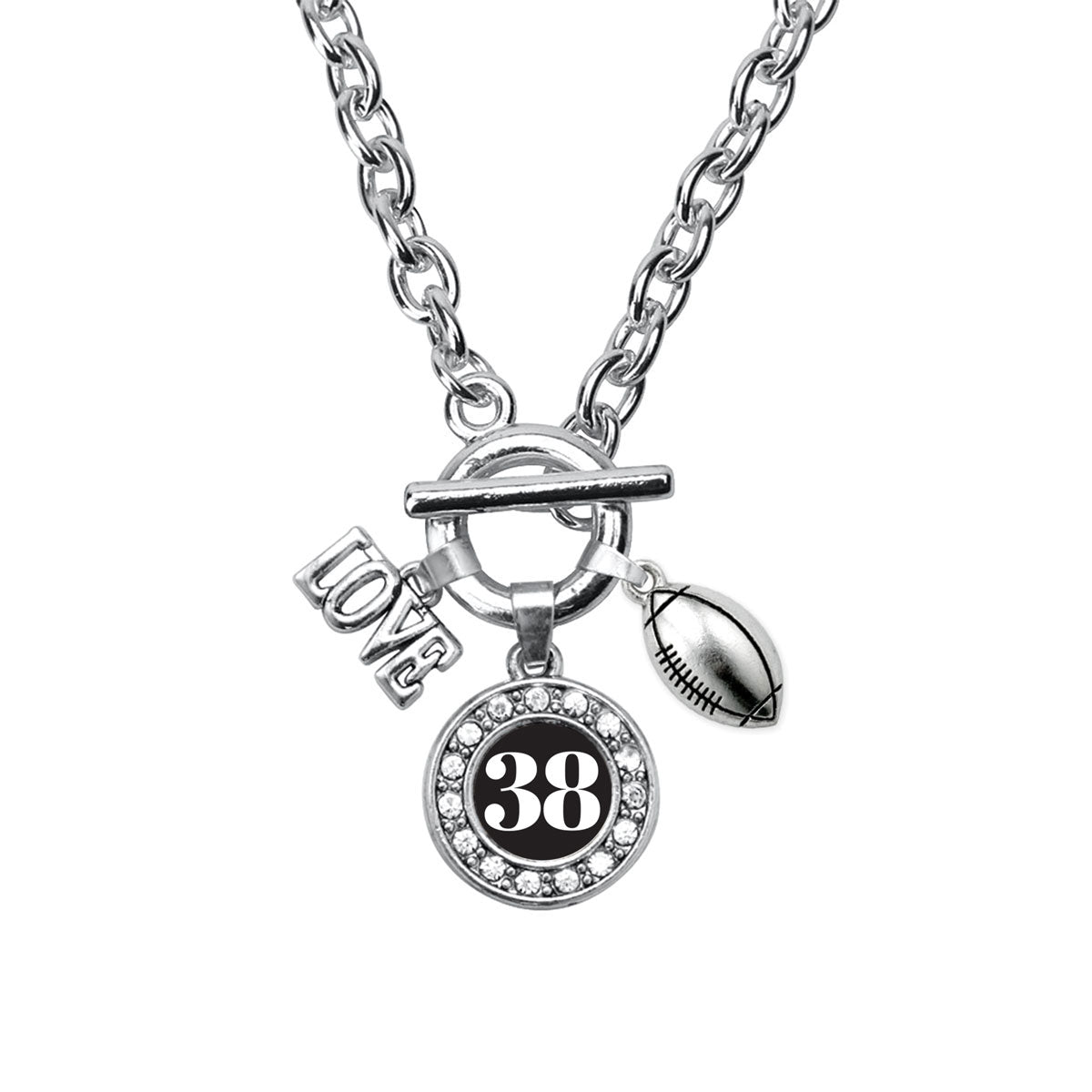 Silver Football - Sports Number 38 Circle Charm Toggle Necklace