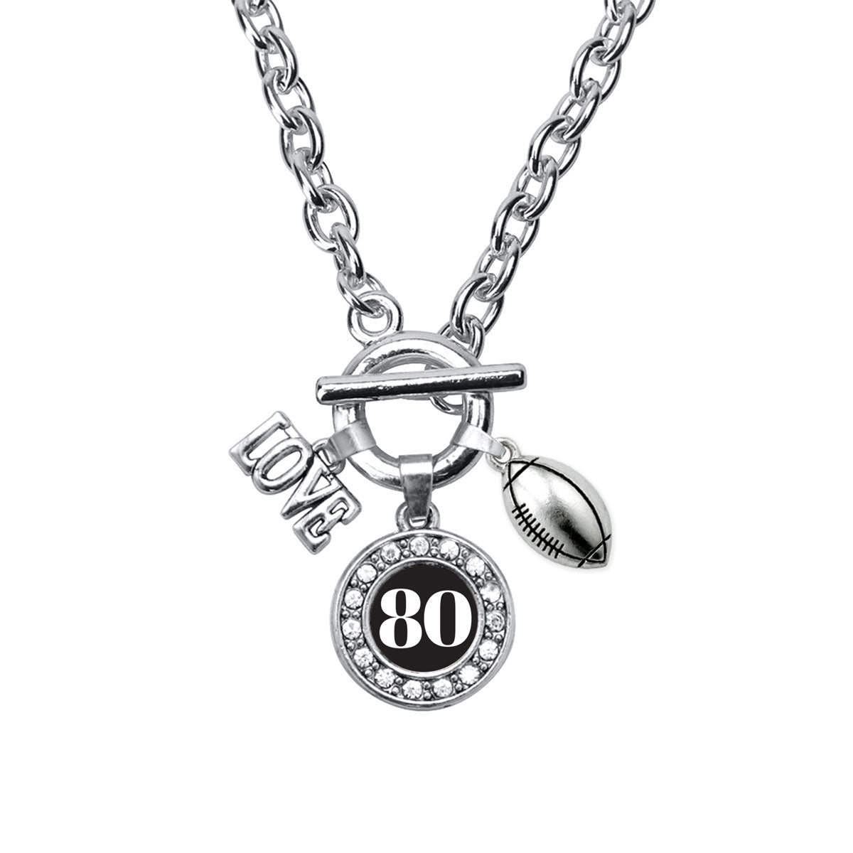 Silver Football - Sports Number 80 Circle Charm Toggle Necklace