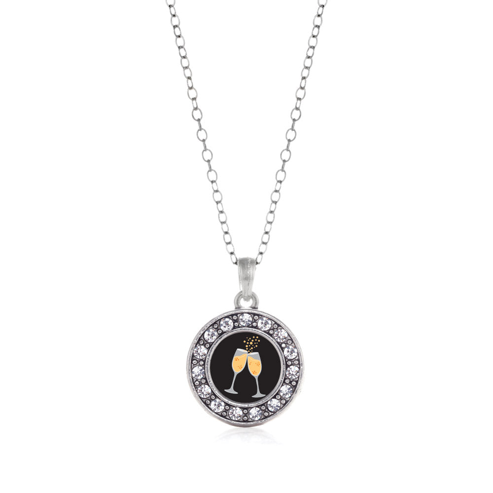 Silver Champagne Cheers Circle Charm Classic Necklace