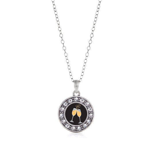 Silver Champagne Cheers Circle Charm Classic Necklace
