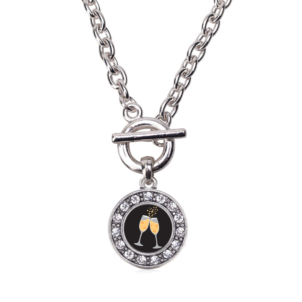 Silver Champagne Cheers Circle Charm Toggle Necklace