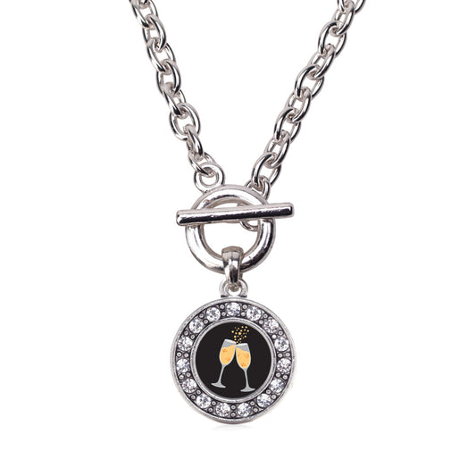Silver Champagne Cheers Circle Charm Toggle Necklace
