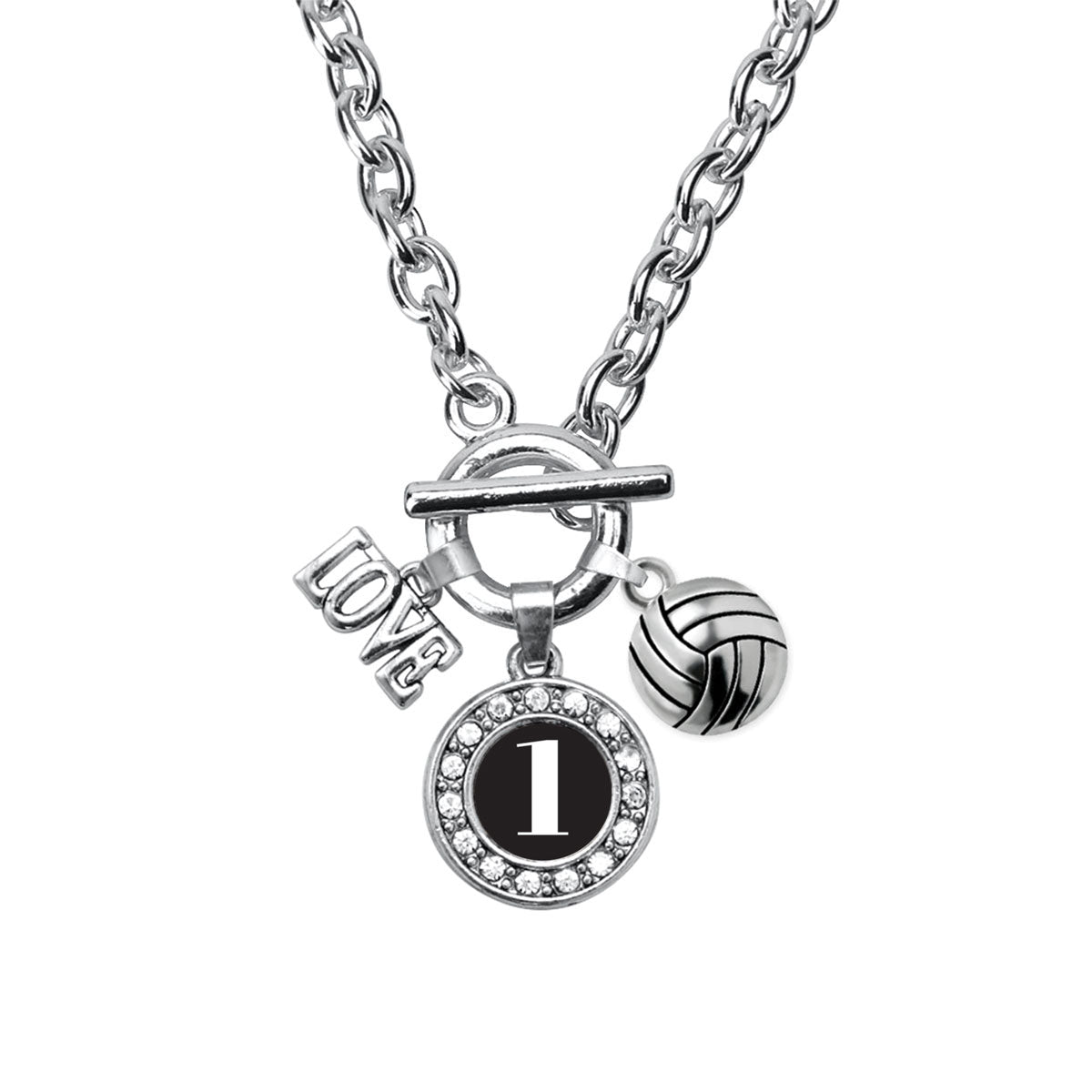 Silver Volleyball - Sports Number 1 Circle Charm Toggle Necklace