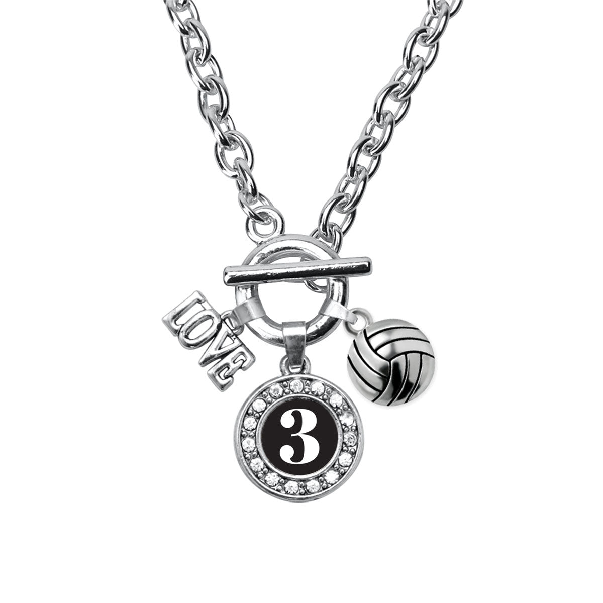 Silver Volleyball - Sports Number 3 Circle Charm Toggle Necklace