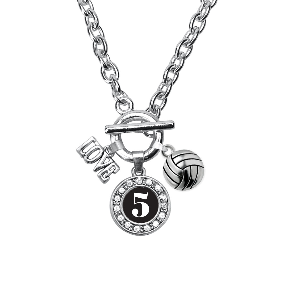 Silver Volleyball - Sports Number 5 Circle Charm Toggle Necklace