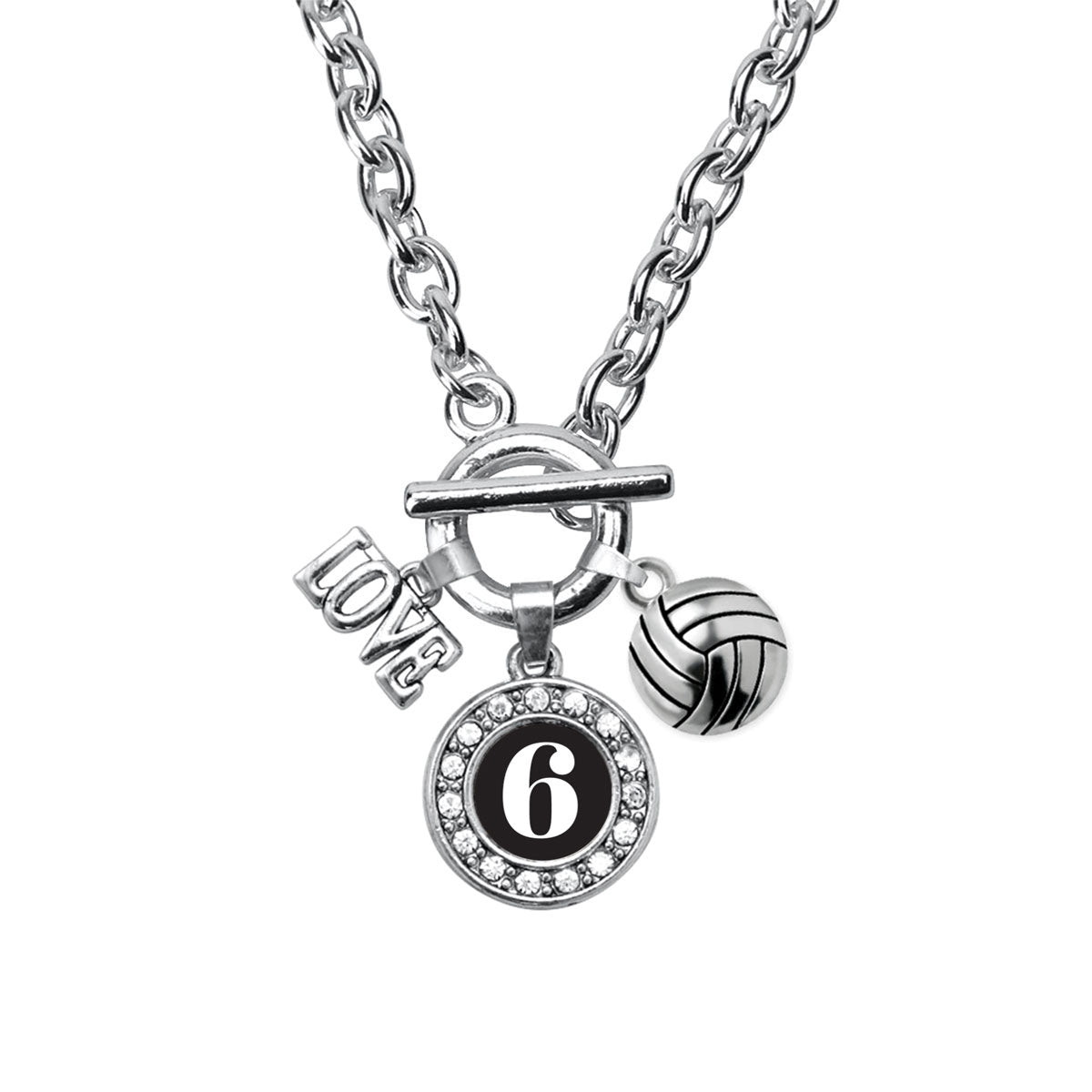 Silver Volleyball - Sports Number 6 Circle Charm Toggle Necklace