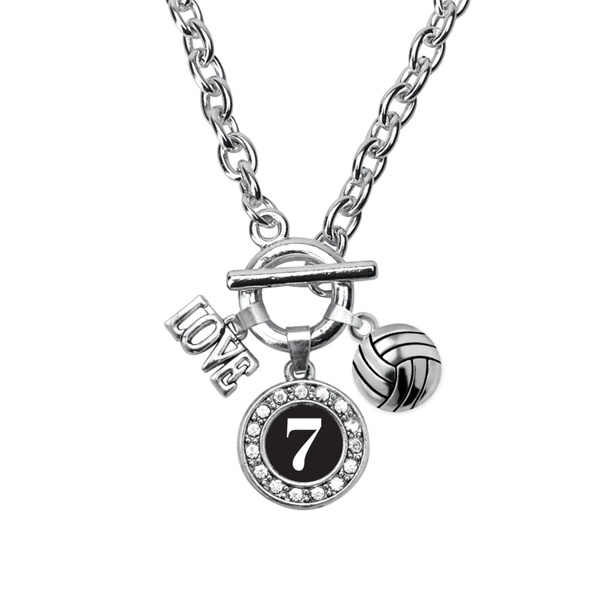 Silver Volleyball - Sports Number 7 Circle Charm Toggle Necklace