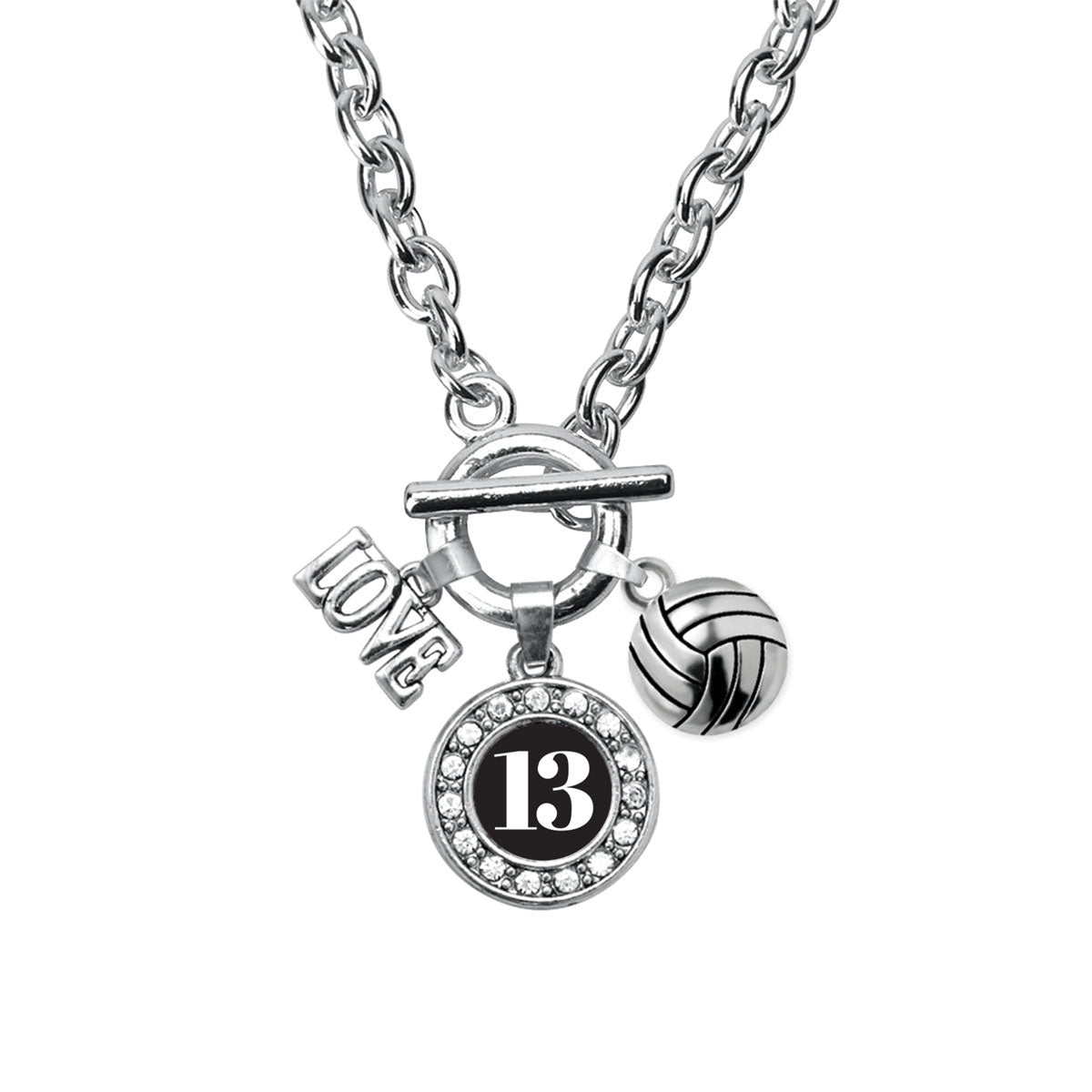 Silver Volleyball - Sports Number 13 Circle Charm Toggle Necklace