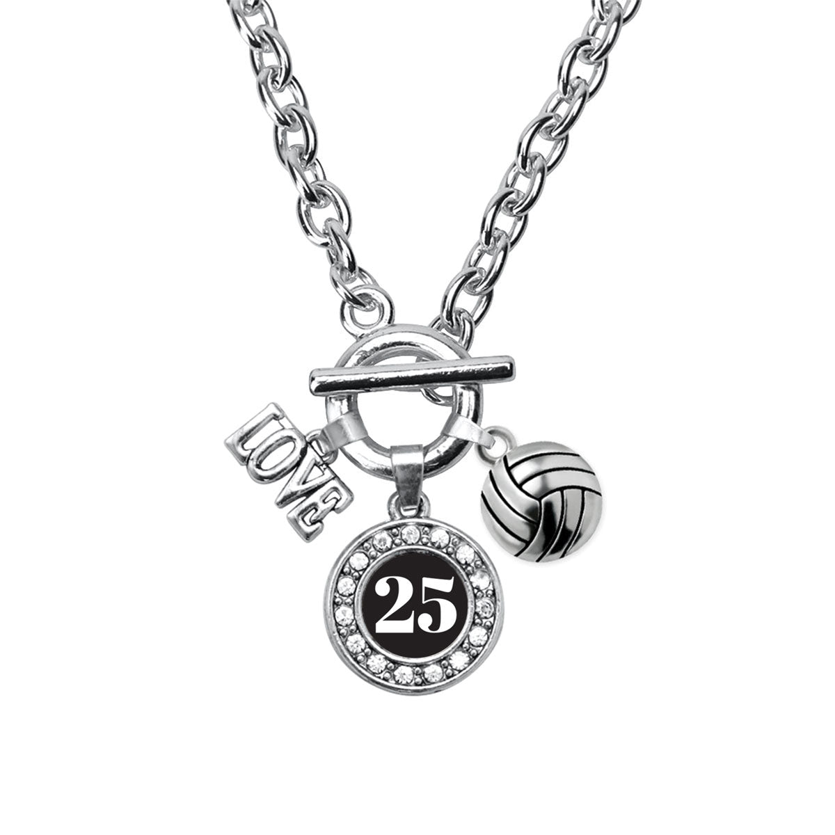 Silver Volleyball - Sports Number 25 Circle Charm Toggle Necklace
