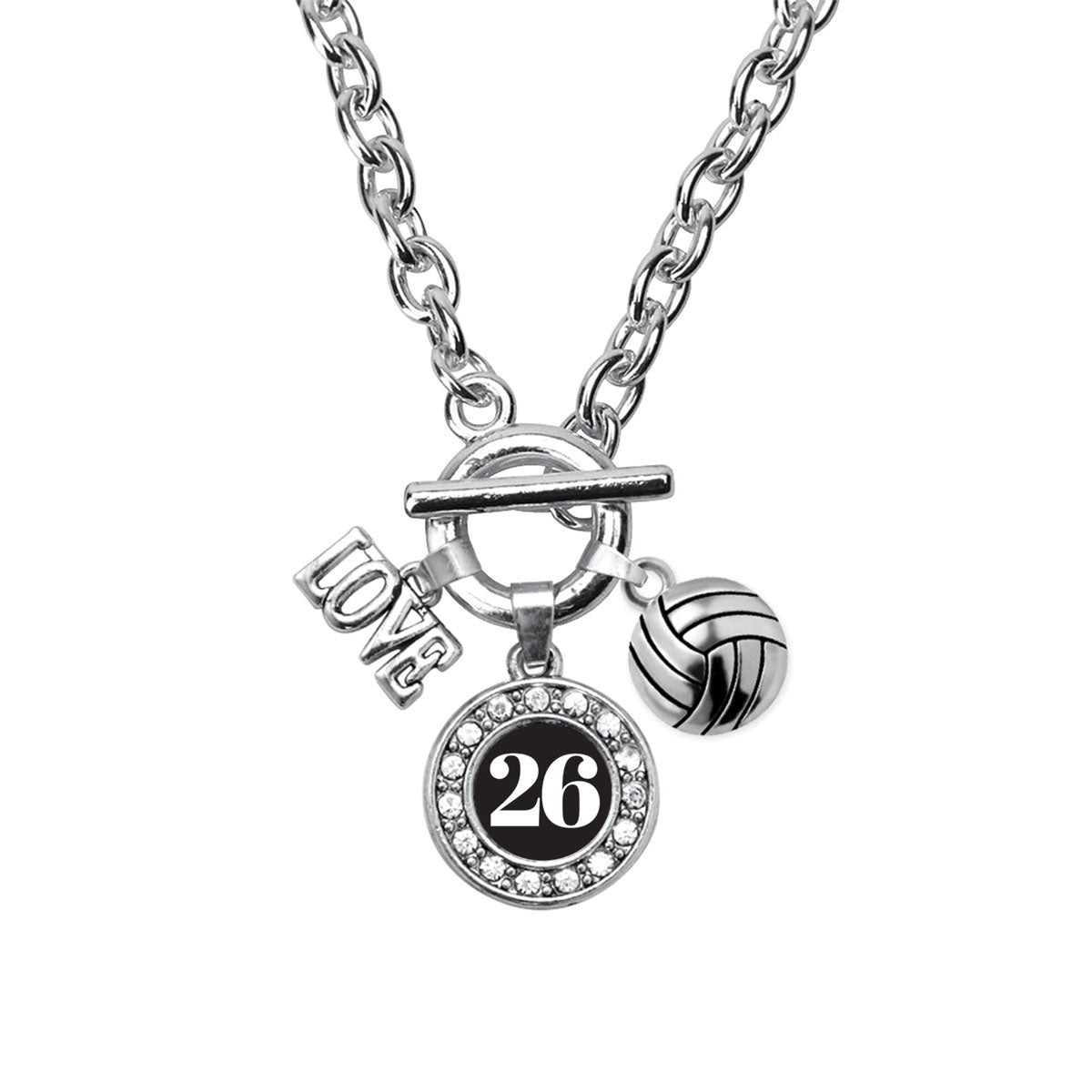 Silver Volleyball - Sports Number 26 Circle Charm Toggle Necklace