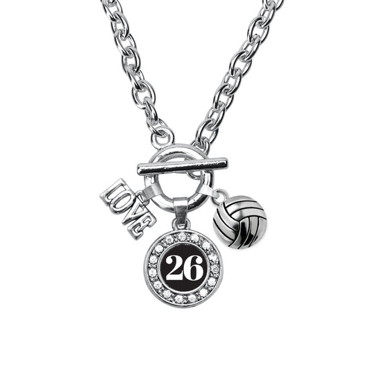 Silver Volleyball - Sports Number 26 Circle Charm Toggle Necklace