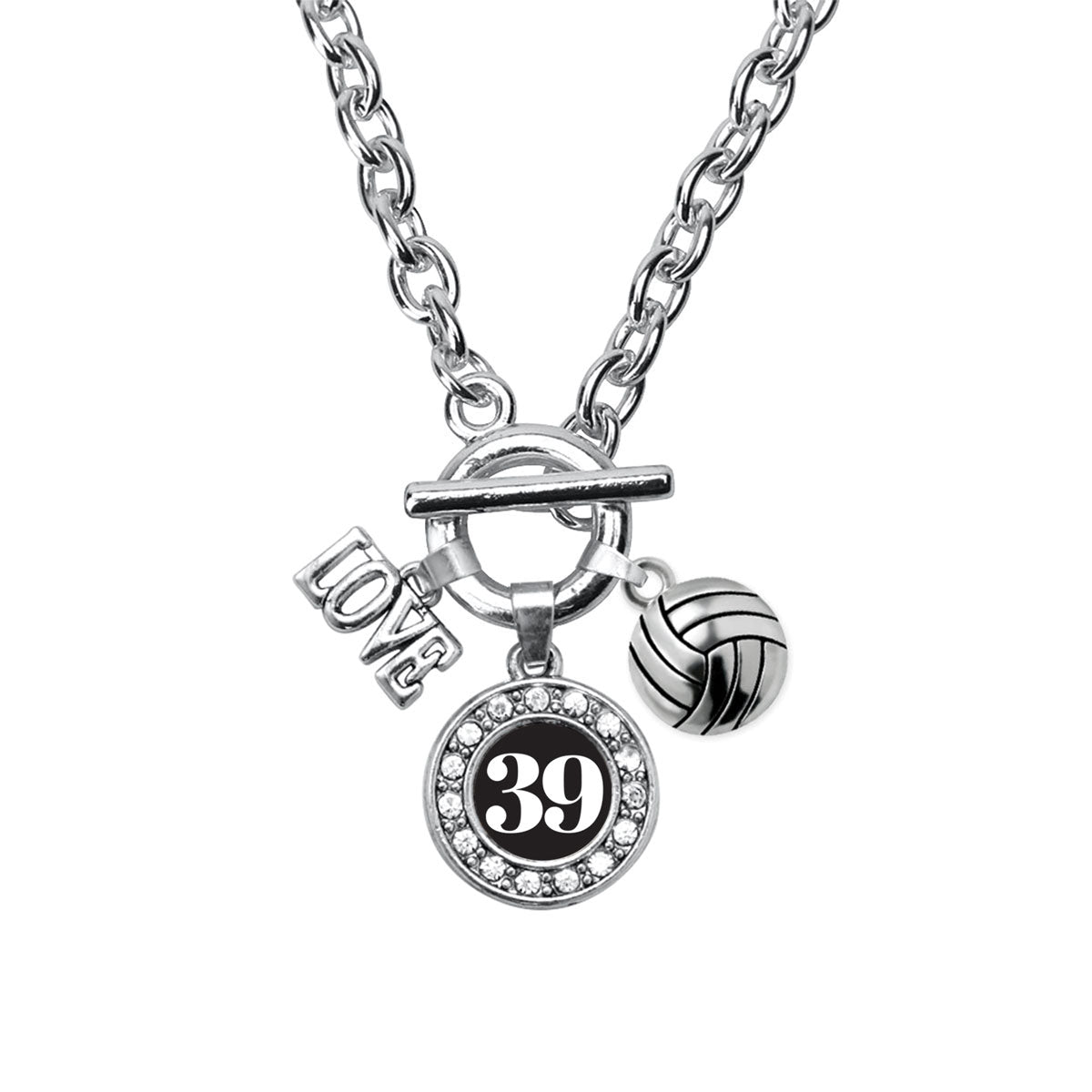 Silver Volleyball - Sports Number 39 Circle Charm Toggle Necklace