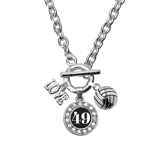 Silver Volleyball - Sports Number 49 Circle Charm Toggle Necklace