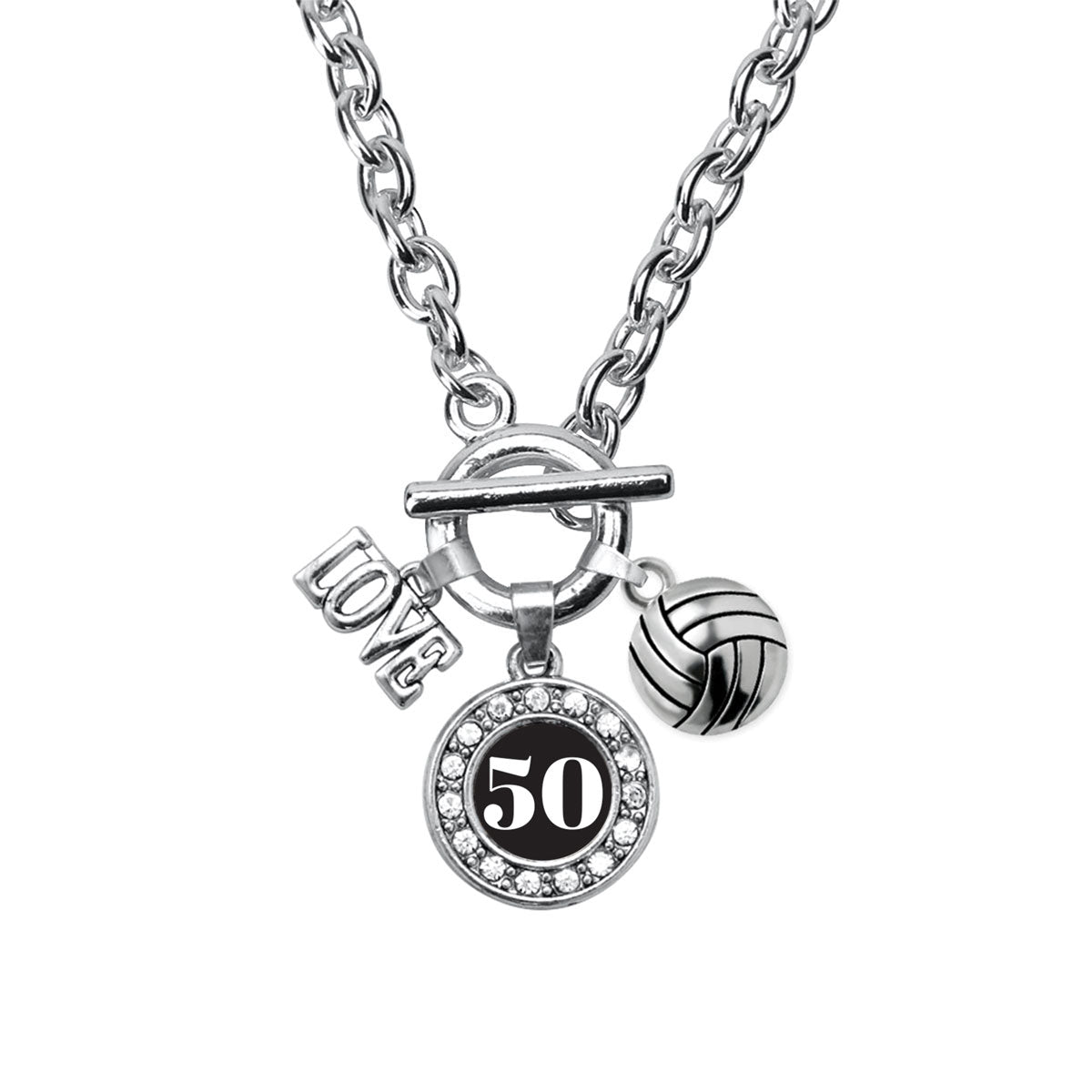 Silver Volleyball - Sports Number 50 Circle Charm Toggle Necklace