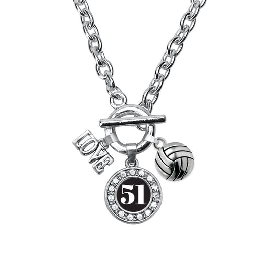 Silver Volleyball - Sports Number 51 Circle Charm Toggle Necklace