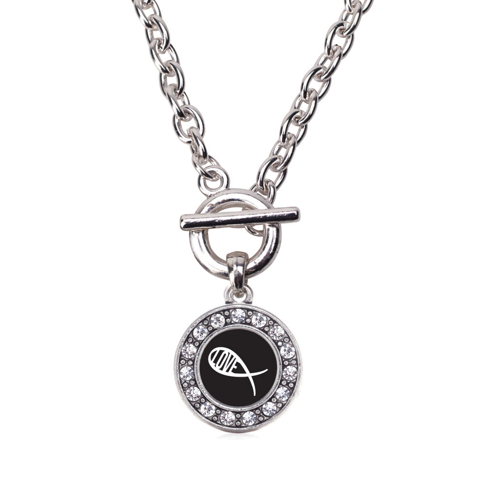 Silver Christian Fish Love Circle Charm Toggle Necklace