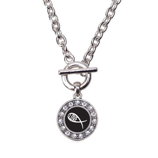 Silver Christian Fish Love Circle Charm Toggle Necklace