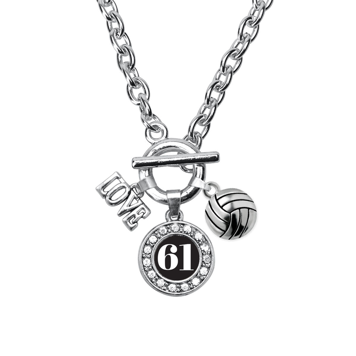 Silver Volleyball - Sports Number 61 Circle Charm Toggle Necklace