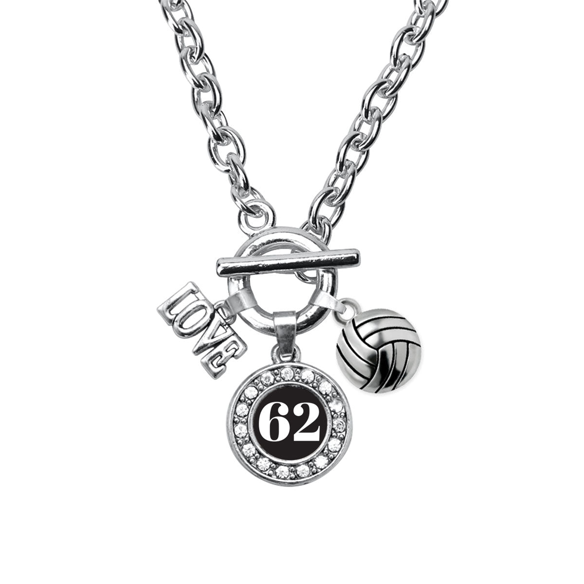 Silver Volleyball - Sports Number 62 Circle Charm Toggle Necklace
