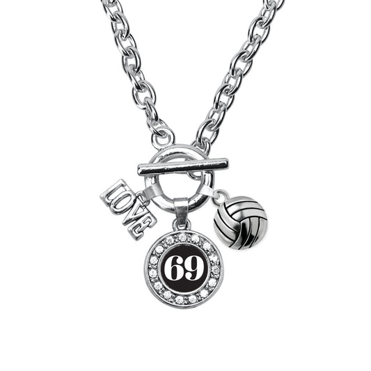 Silver Volleyball - Sports Number 69 Circle Charm Toggle Necklace
