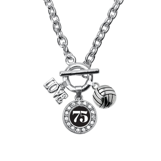 Silver Volleyball - Sports Number 75 Circle Charm Toggle Necklace