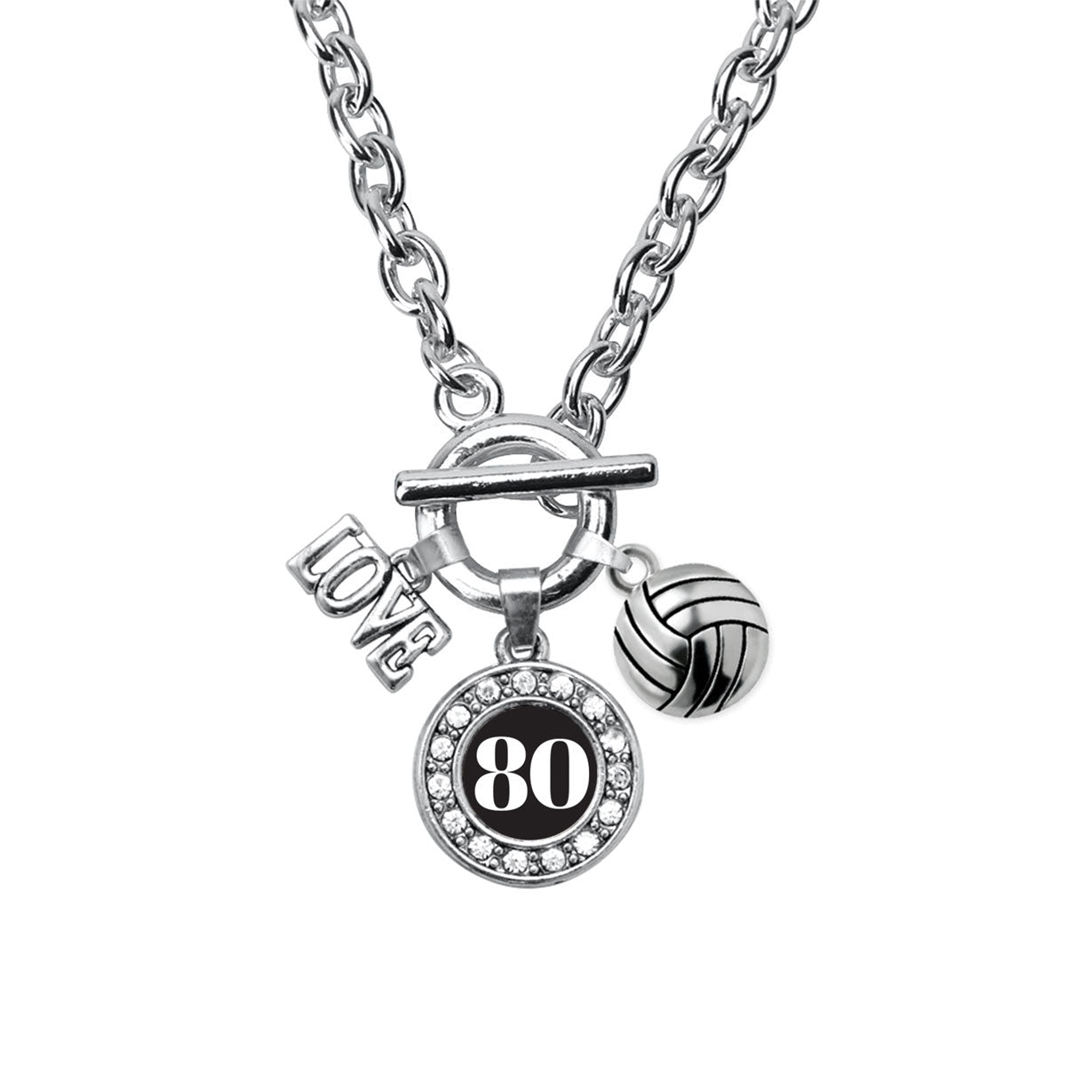 Silver Volleyball - Sports Number 80 Circle Charm Toggle Necklace