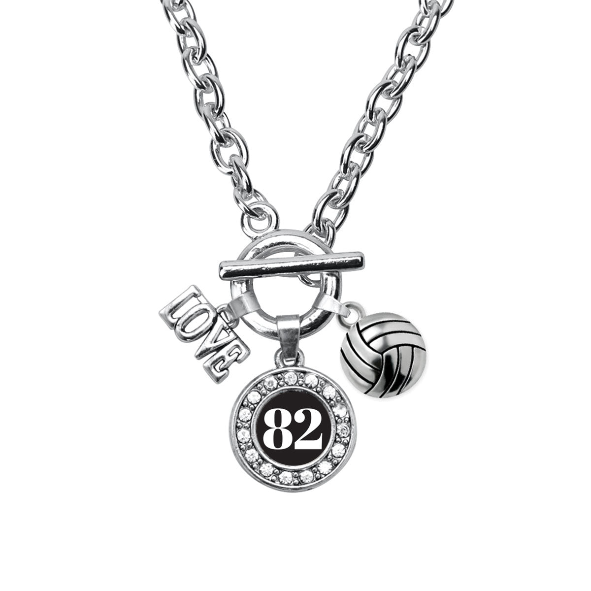 Silver Volleyball - Sports Number 82 Circle Charm Toggle Necklace