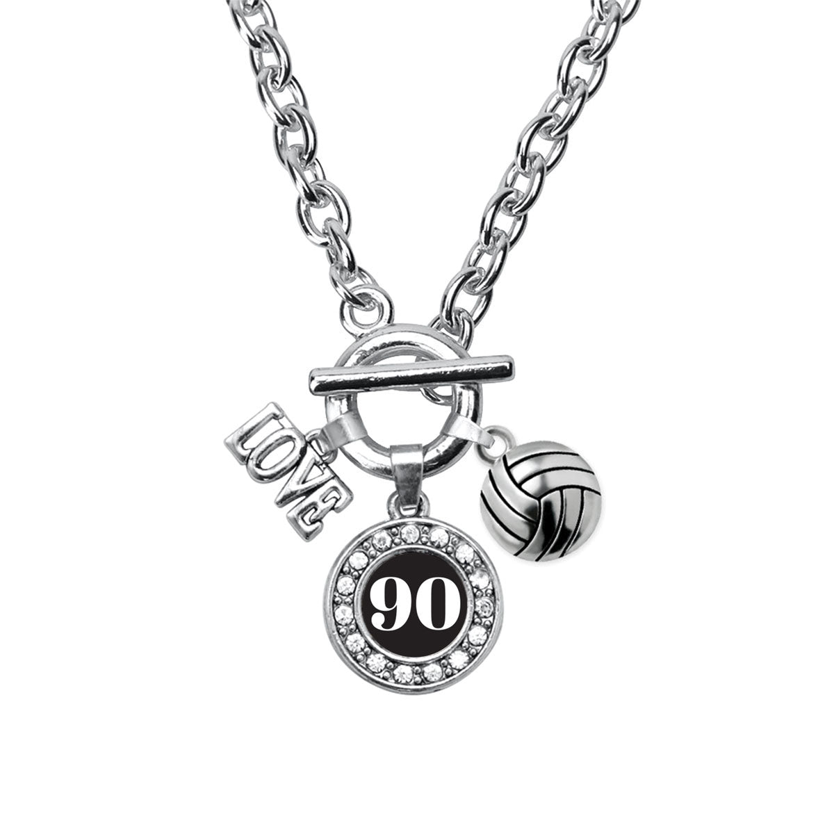 Silver Volleyball - Sports Number 90 Circle Charm Toggle Necklace