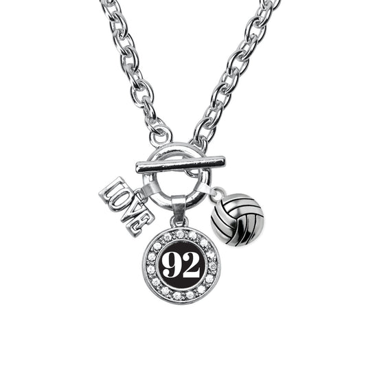 Silver Volleyball - Sports Number 92 Circle Charm Toggle Necklace