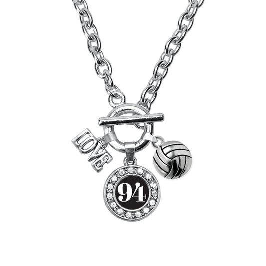Silver Volleyball - Sports Number 94 Circle Charm Toggle Necklace
