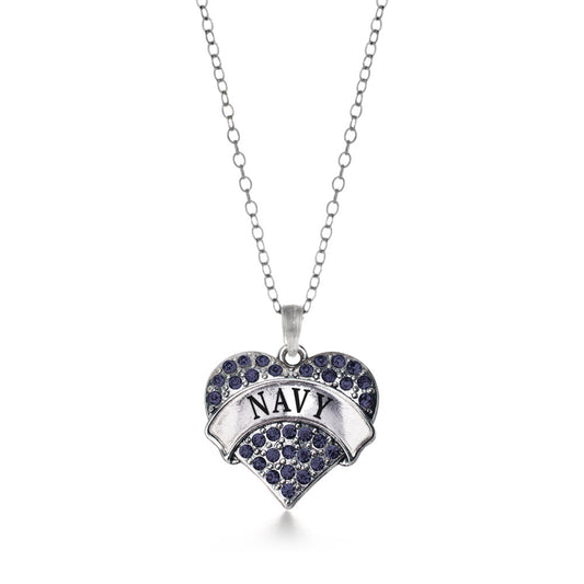 Silver Navy Blue Pave Heart Charm Classic Necklace