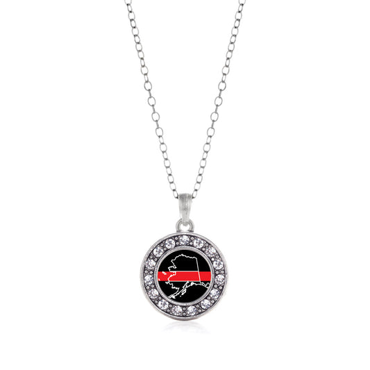 Silver Alaska Thin Red Line Circle Charm Classic Necklace