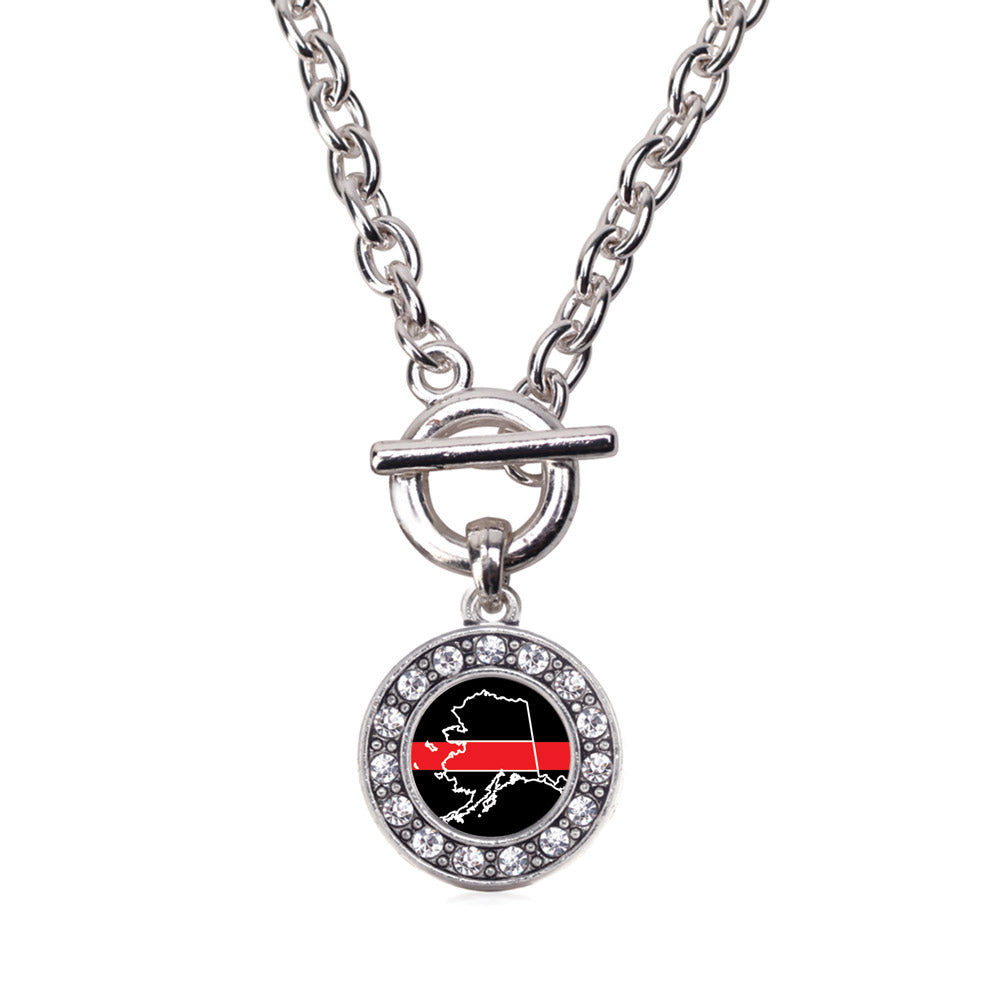 Silver Alaska Thin Red Line Circle Charm Toggle Necklace