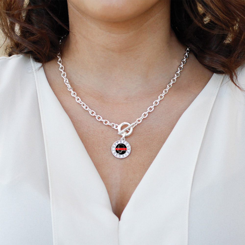 Silver Alaska Thin Red Line Circle Charm Toggle Necklace