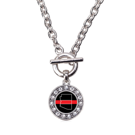 Silver Arizona Thin Red Line Circle Charm Toggle Necklace