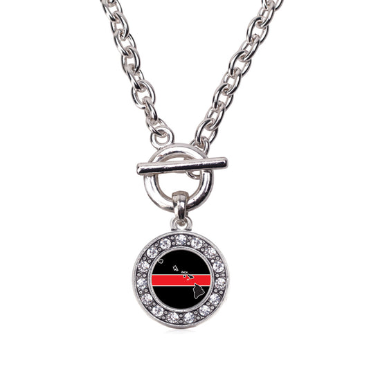 Silver Hawaii Thin Red Line Circle Charm Toggle Necklace