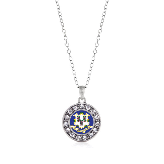 Silver Connecticut Flag Circle Charm Classic Necklace