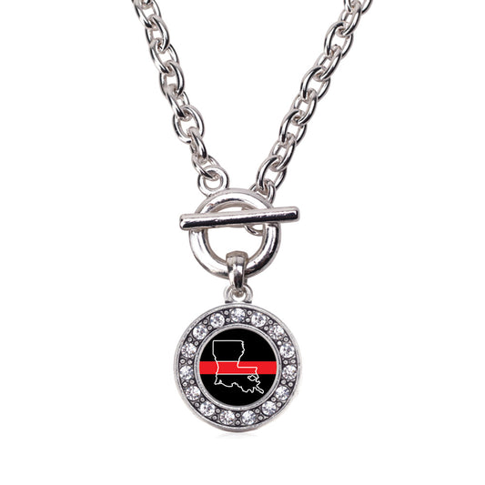 Silver Louisiana Thin Red Line Circle Charm Toggle Necklace