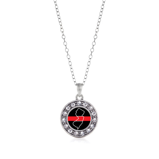 Silver New Jersey Thin Red Line Circle Charm Classic Necklace