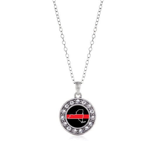 Silver New York Thin Red Line Circle Charm Classic Necklace