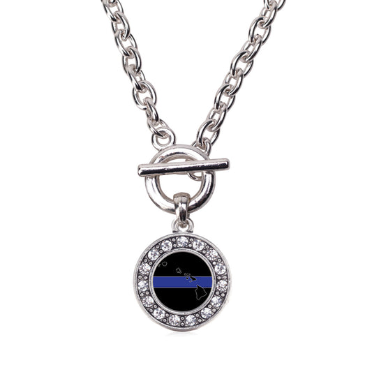 Silver Hawaii Thin Blue Line Circle Charm Toggle Necklace