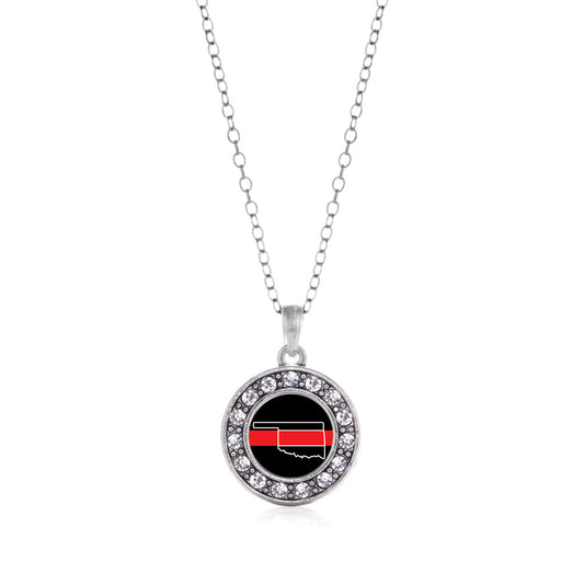 Silver Oklahoma Thin Red Line Circle Charm Classic Necklace