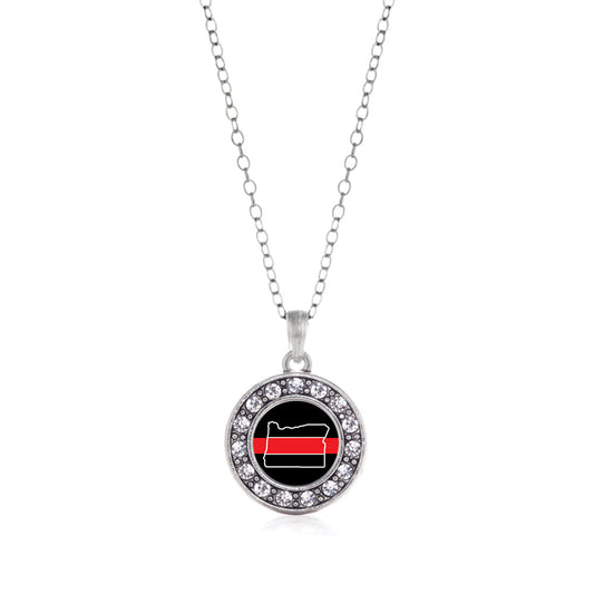 Silver Oregon Thin Red Line Circle Charm Classic Necklace