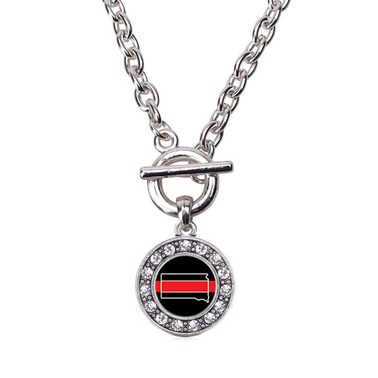 Silver South Dakota Thin Red Line Circle Charm Toggle Necklace