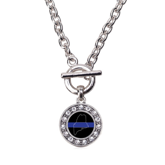 Silver Maine Thin Blue Line Circle Charm Toggle Necklace