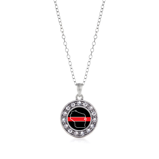 Silver Wisconsin Thin Red Line Circle Charm Classic Necklace