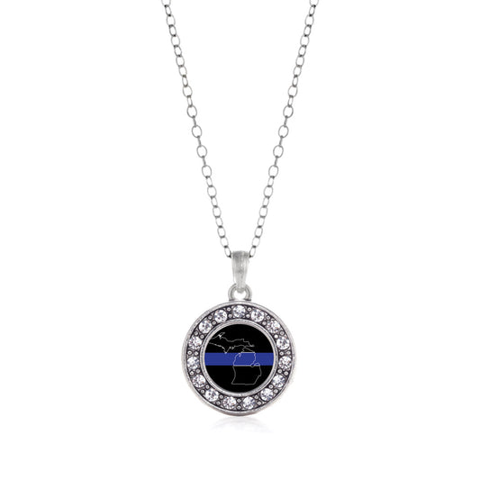 Silver Michigan Thin Blue Line Circle Charm Classic Necklace