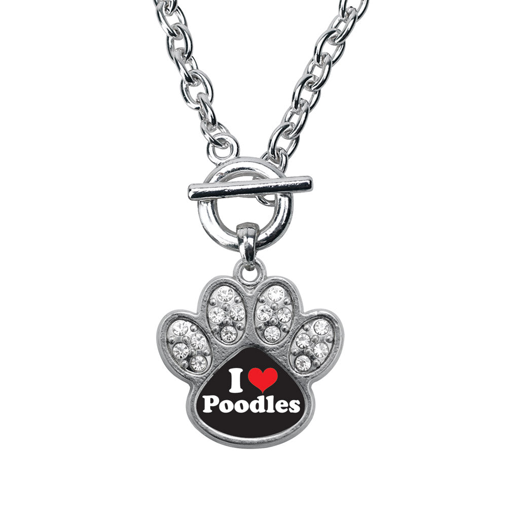 Silver I Love Poodles Pave Paw Charm Toggle Necklace