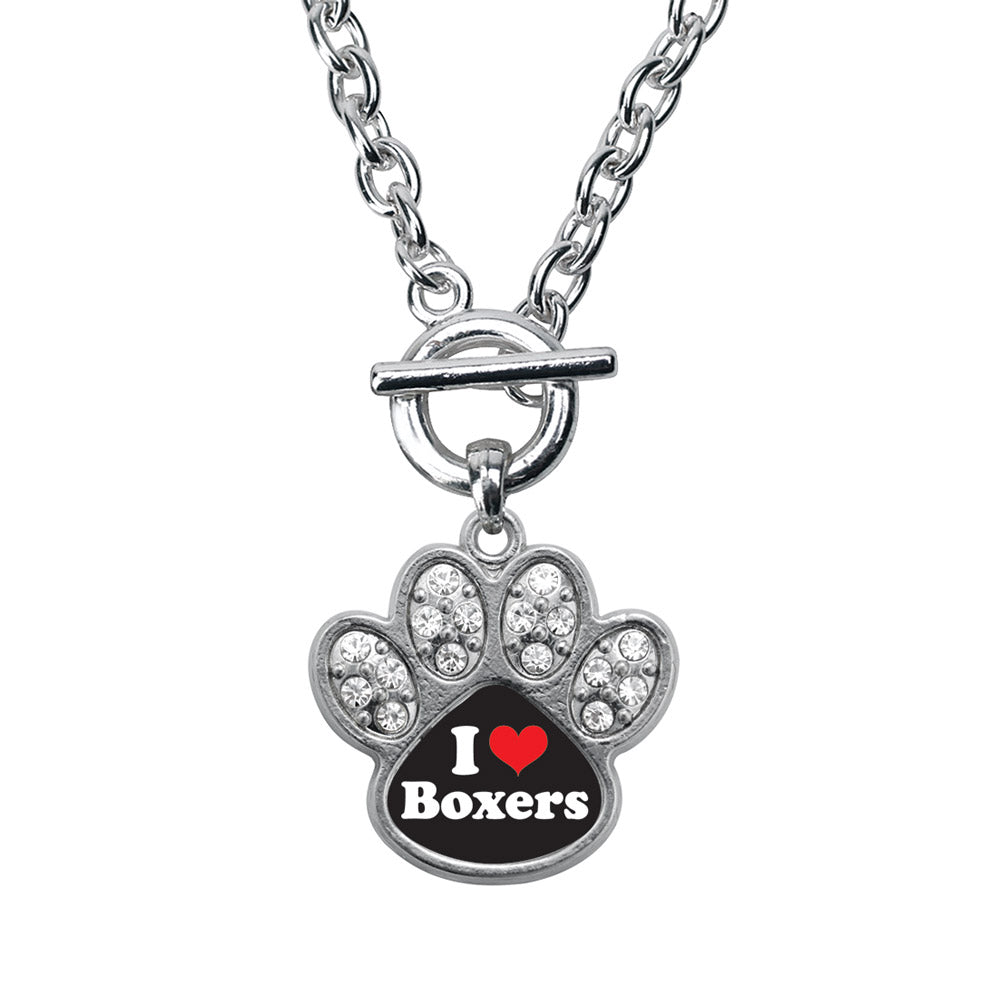 Silver I Love Boxers Pave Paw Charm Toggle Necklace