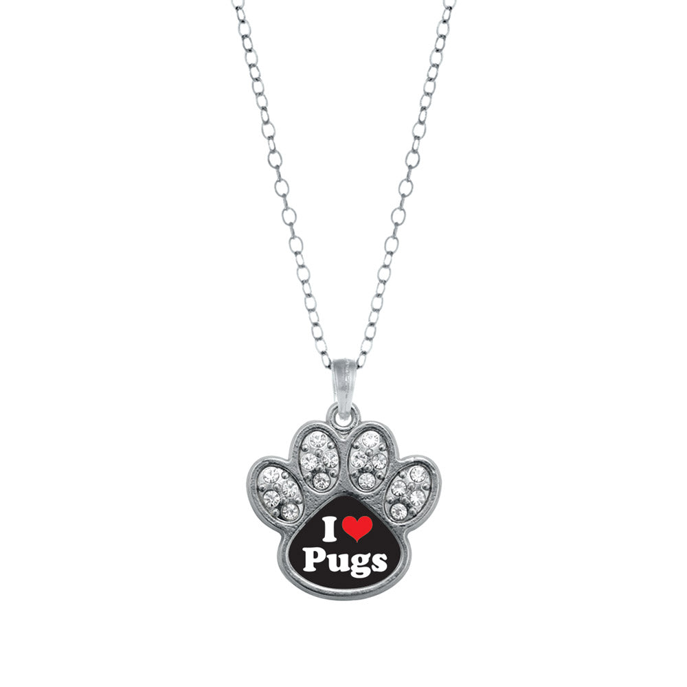 Silver I Love Pugs Pave Paw Charm Classic Necklace